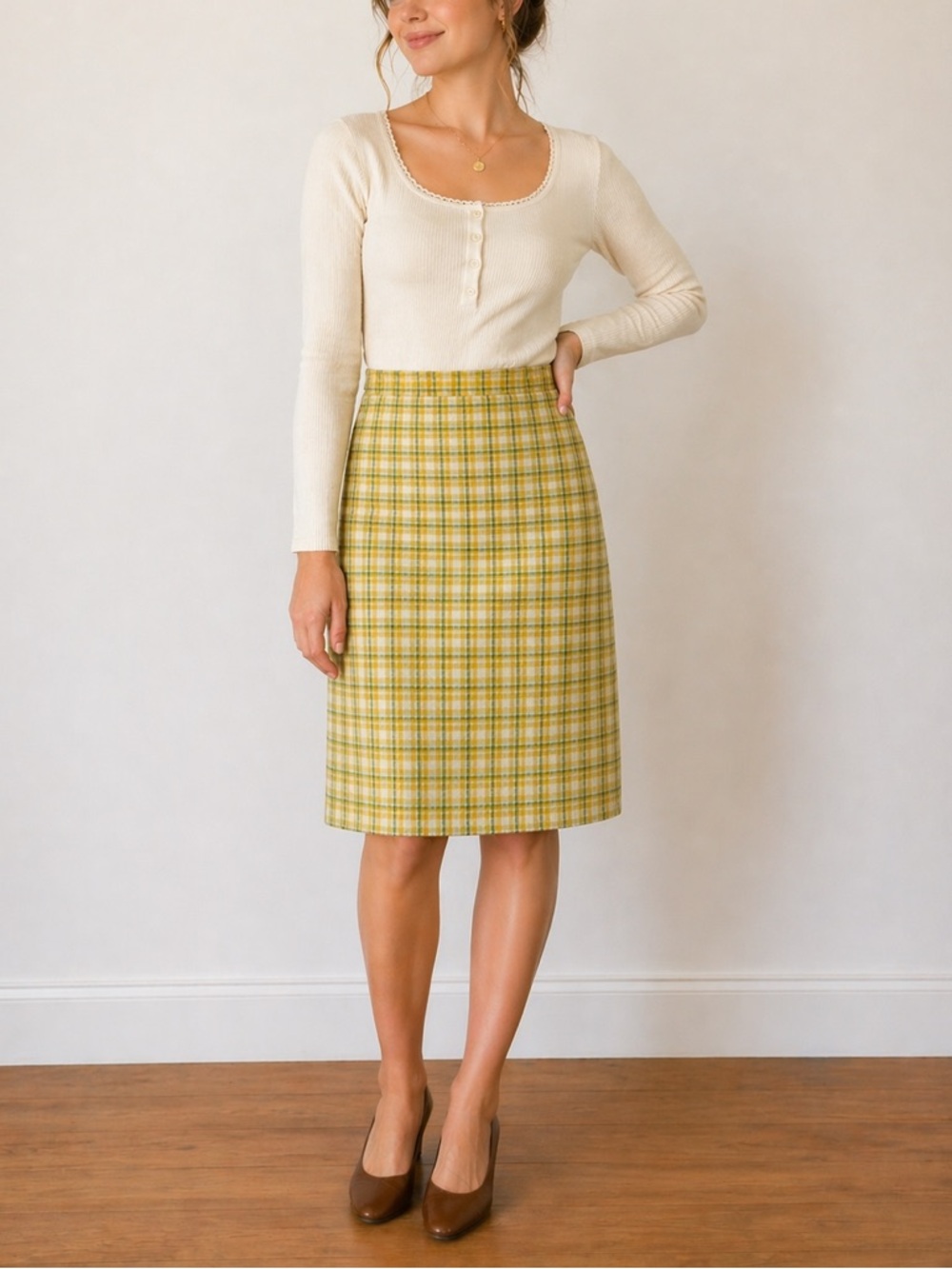 Vintage 60s Chic Yellow Plaid Pencil Skirt